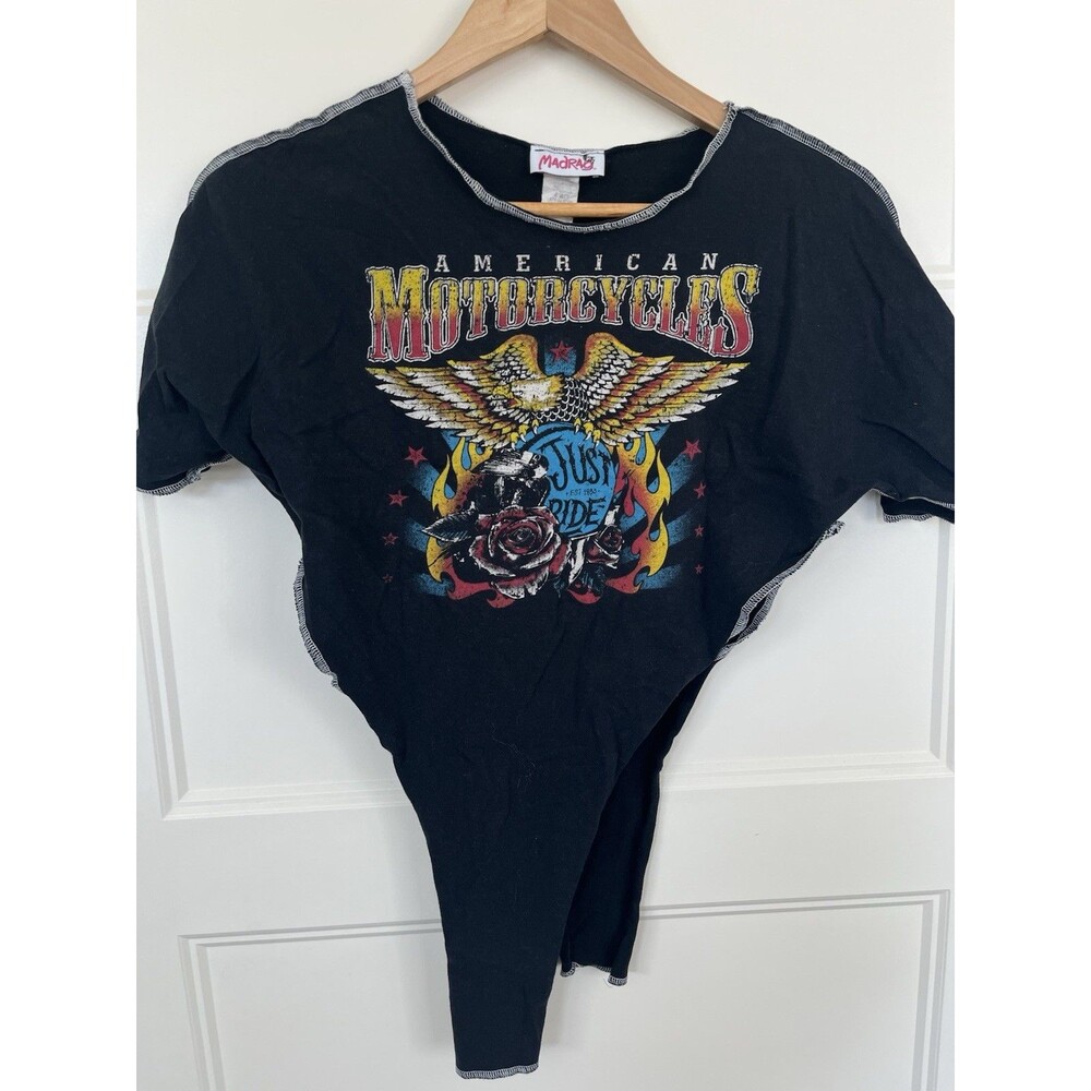 Madrag Asymmetrical Raw Hem Biker Graphic T-Shirt Eagle Rose Just Ride Women's S